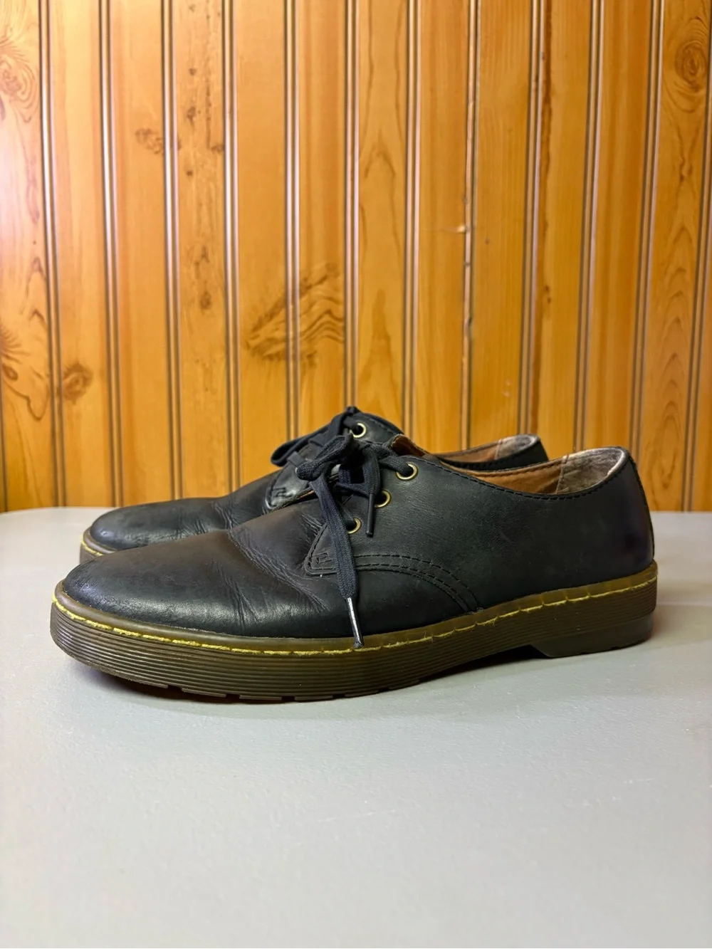 Dr. Martens Black Leather Derby Shoes with Yellow Stitching